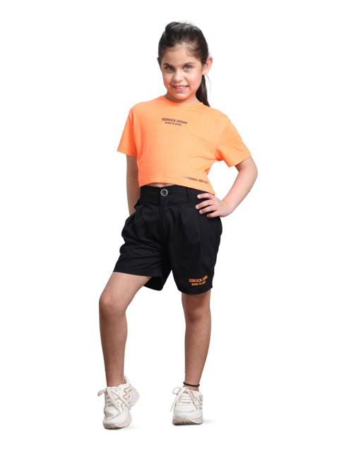 

SIDROCK Girls Orange & Black Top with Shorts