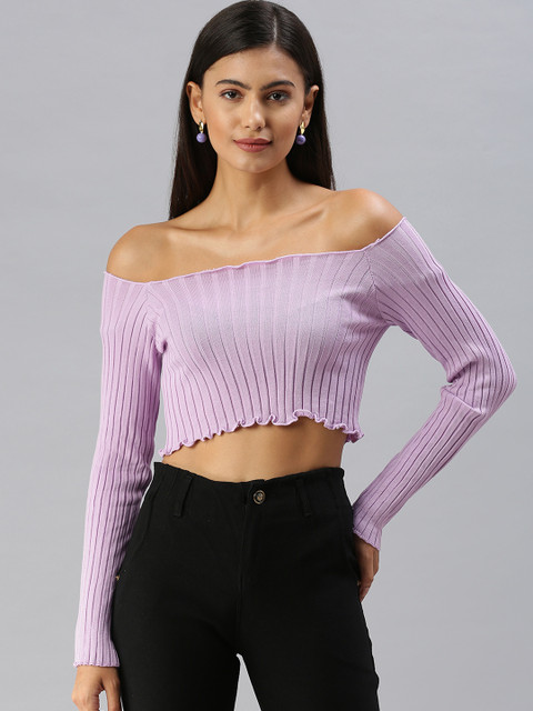 

SHOWOFF Lavender Striped Off-Shoulder Bardot Crop Top