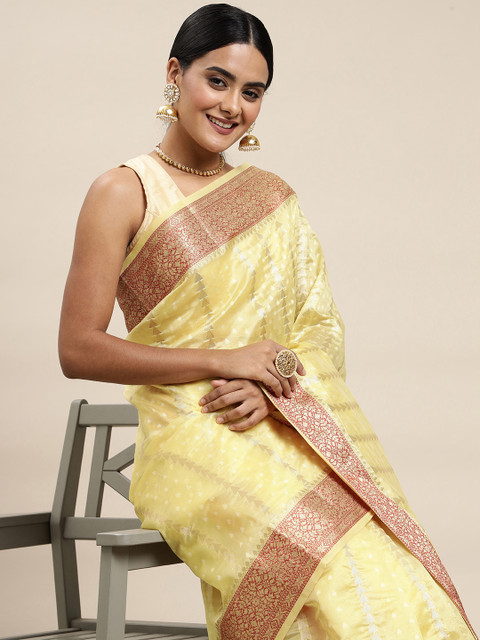 

Saree Swarg Yellow & Golden Striped Organza Banarasi Sarees