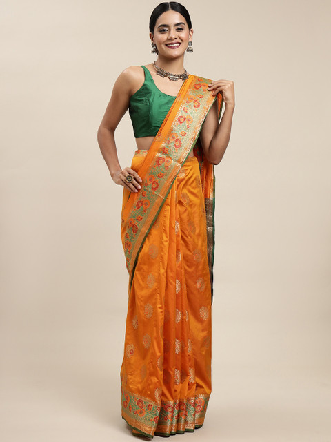 

Saree Swarg Orange Ethnic Motifs Silk Blend Banarasi Sarees