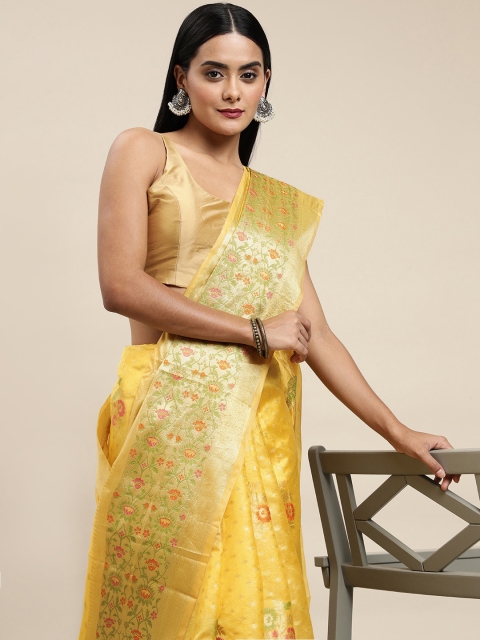 

Saree Swarg Yellow & Red Ethnic Motifs Organza Banarasi Sarees