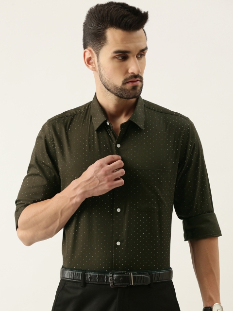 

Peter England Men Olive Green & White Slim Fit Printed Pure Cotton Formal Shirt
