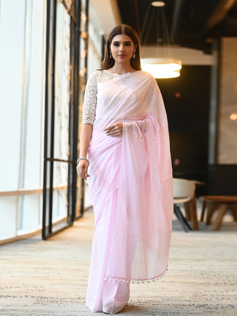 

BEATITUDE Pink & White Mukaish Pure Cotton Saree