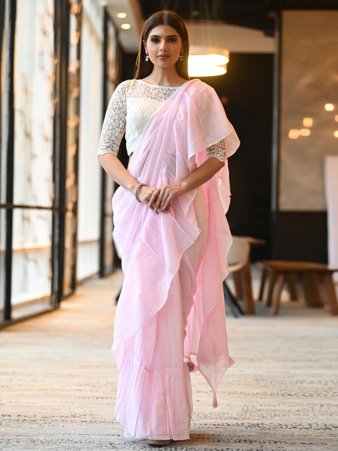 

BEATITUDE Pink & White Pure Cotton Saree