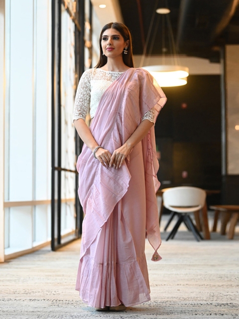 

BEATITUDE Pink & White Pure Cotton Saree