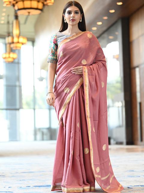 

BEATITUDE Pink & Gold-Toned Zari Pure Cotton Block Print Saree