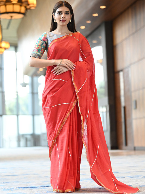 

BEATITUDE Red & Gold-Toned Striped Gotta Patti Pure Cotton Saree