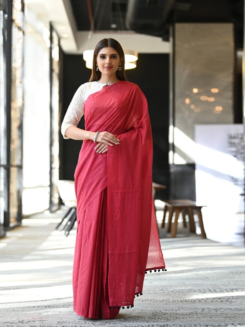 

BEATITUDE Red Mukaish Pure Cotton Saree