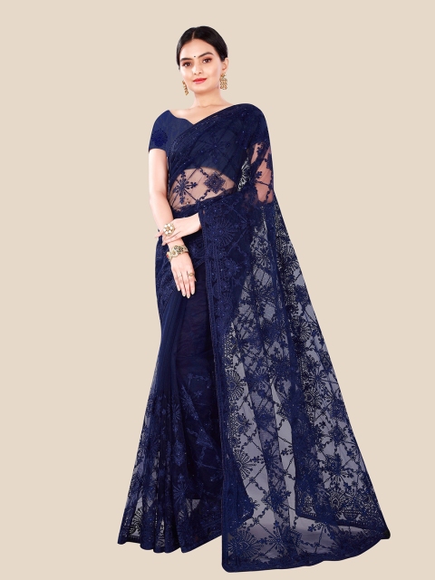 

Sangria Navy Blue Floral Beads and Stones Net Heavy Work Saree