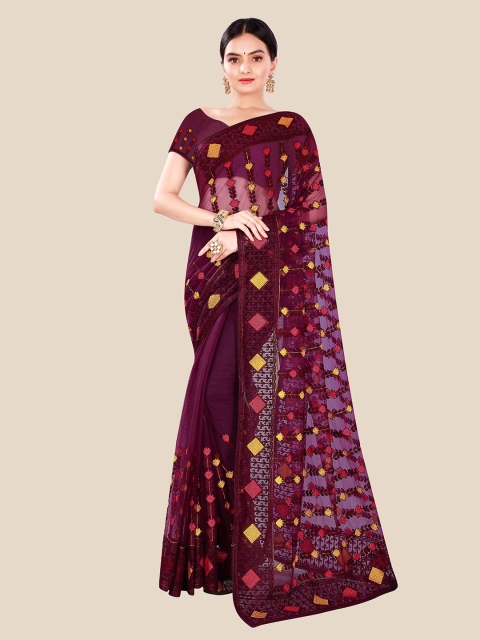 

Sangria Purple & Red Floral Beads and Stones Net Heavy Work Saree