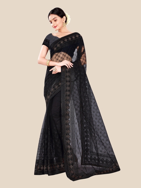 

Sangria Black Floral Beads and Stones Net Heavy Work Saree