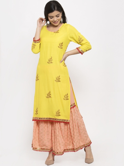 

Aujjessa Women Yellow Embroidered Panelled Kurta with Sharara