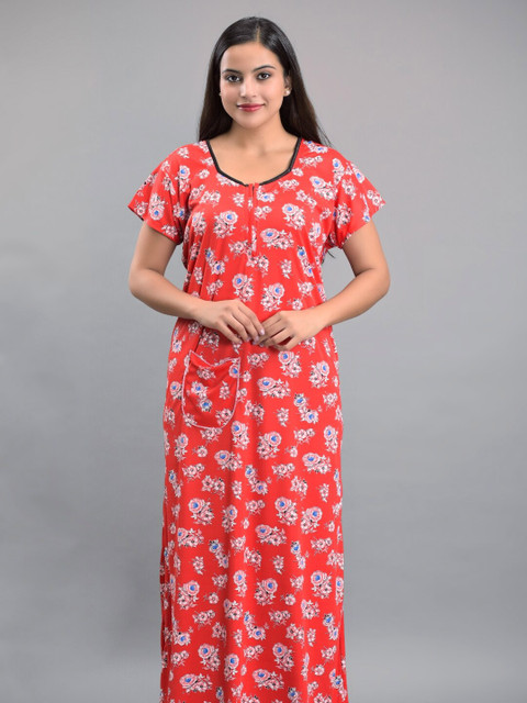 

Apratim Red Printed Maxi Nightdress