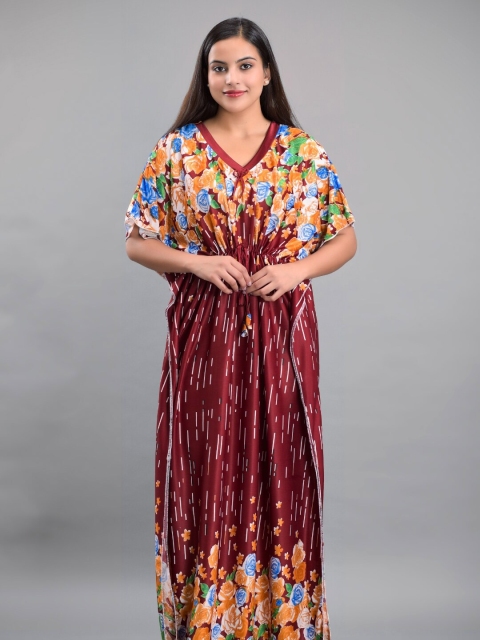 

Apratim Maroon Printed Maxi Nightdress