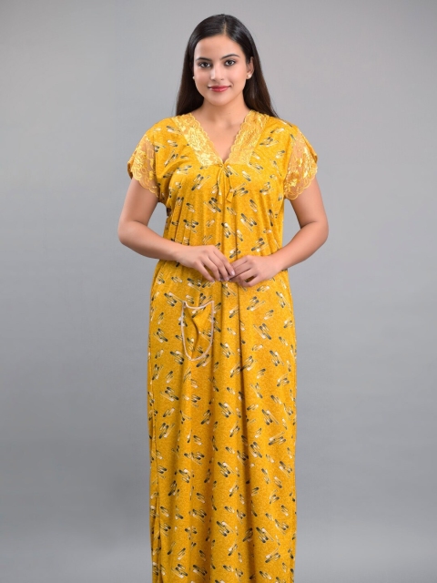 

Apratim Yellow Printed Maxi Nightdress