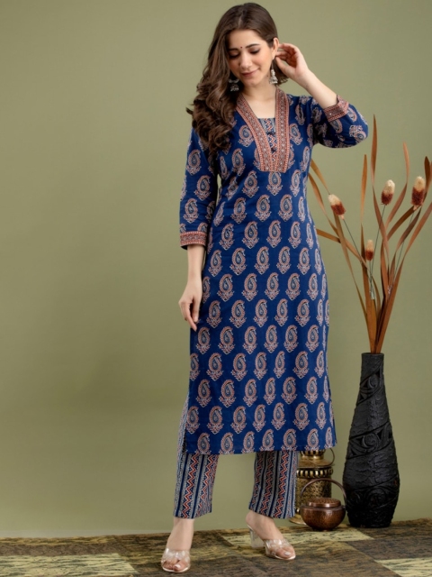 

MissKurti Women Blue Ethnic Motifs Printed Layered Sequinned Pure Cotton Kurta with Palazzos & With Dupatta