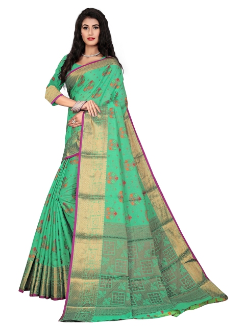 

Rivana Green & Gold-Toned Floral Zari Pure Cotton Banarasi Saree