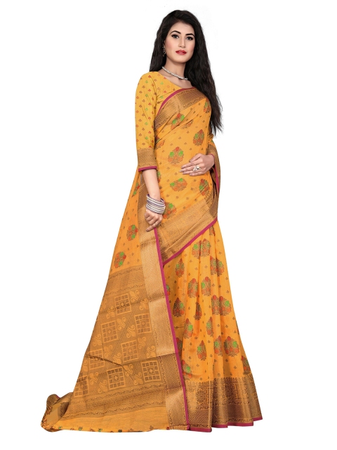 

Rivana Mustard & Gold-Toned Floral Zari Pure Cotton Banarasi Saree