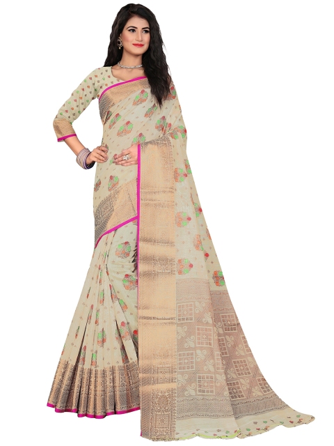 

Rivana Grey & Gold-Toned Floral Zari Pure Cotton Banarasi Saree