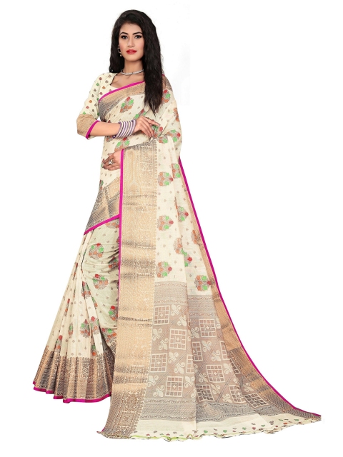 

Rivana White & Gold-Toned Floral Zari Pure Cotton Banarasi Saree