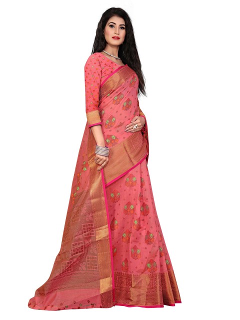 

Rivana Pink & Gold-Toned Floral Zari Pure Cotton Banarasi Saree