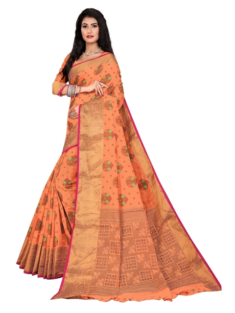 

Rivana Orange & Green Floral Zari Pure Cotton Banarasi Saree