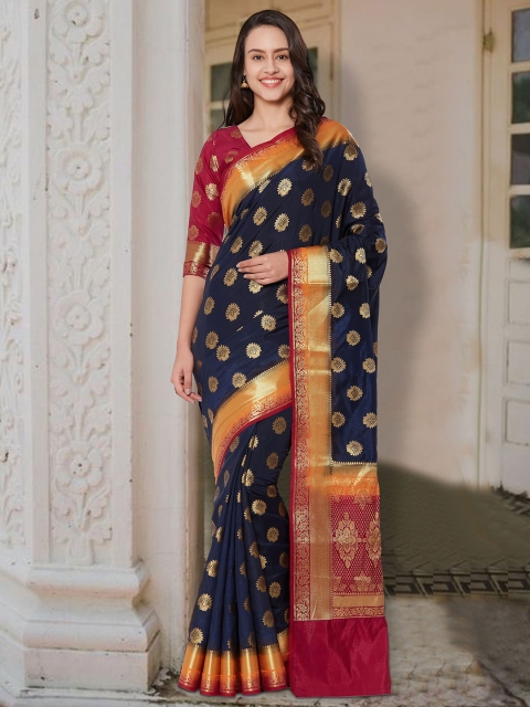

Nimayaa Navy Blue & Red Ethnic Motifs Zari Pure Silk Banarasi Saree