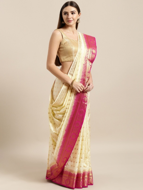 

Nimayaa Off White & Pink Ethnic Motifs Zari Pure Silk Banarasi Saree