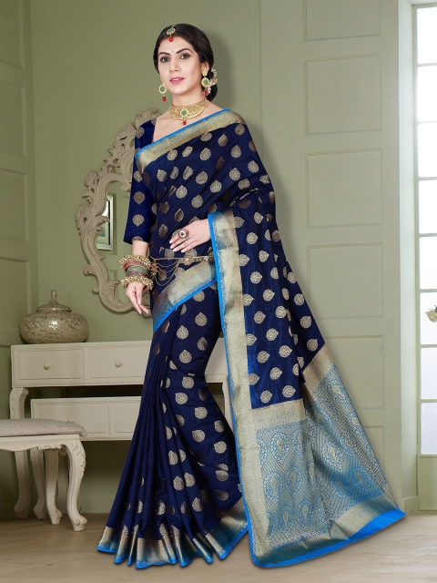 

Nimayaa Navy Blue & Gold-Toned Ethnic Motifs Zari Pure Silk Banarasi Saree