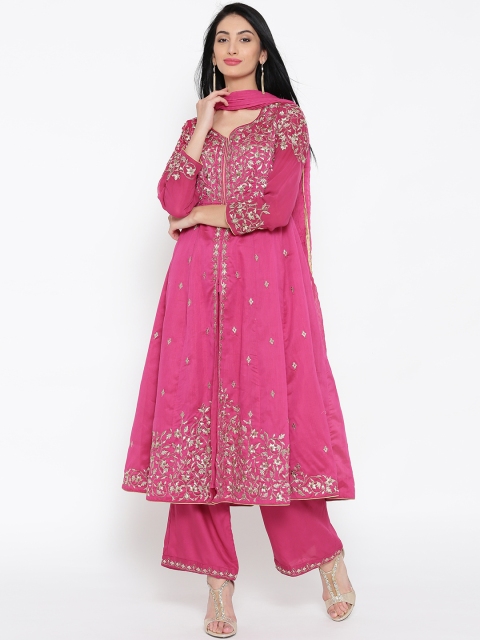 

Biba Pink Embroidered Anarkali Kurta with Palazzos & Dupatta