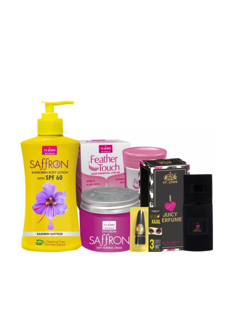 

VI-JOHN Set of 5 Sunscreen Lotion 250 ml, Day Cream, Rose Hair Remover 40 gm, I Love Juicy Perfume & Kajal, Multi