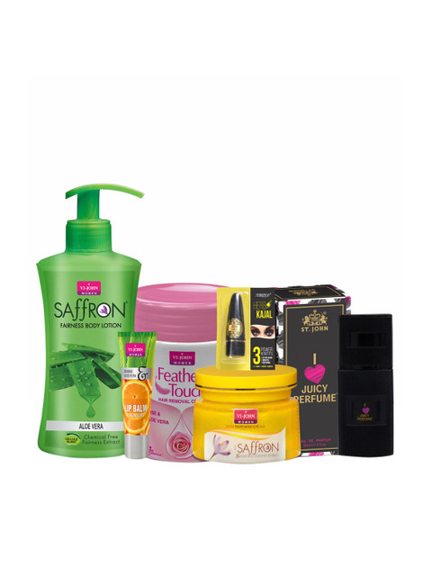 

VI-JOHN Rose Hair Remover, Haldi Chandan Cream, Aleovera Body Lotion, I Love Juicy, Lip Balm & Kajal, Multi