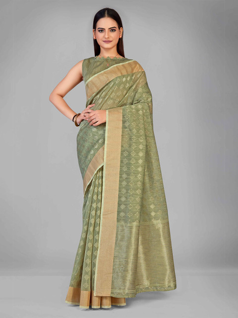 

MANOHARI Olive Green & Gold-Toned Woven Design Zari Silk Blend Saree