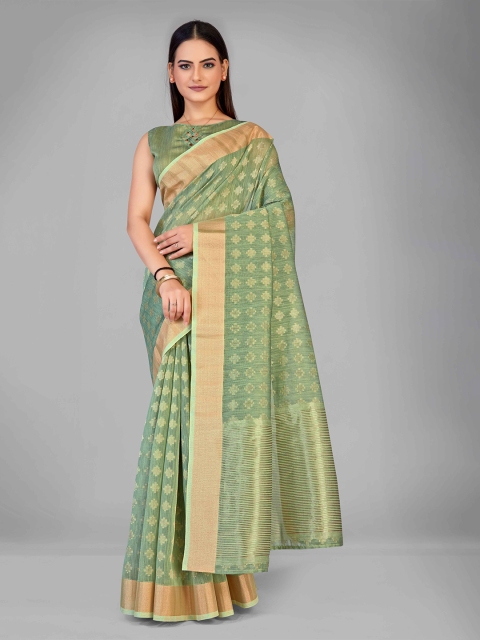 

MANOHARI Green & Golden Ethnic Motifs Zari Silk Cotton Chanderi Saree