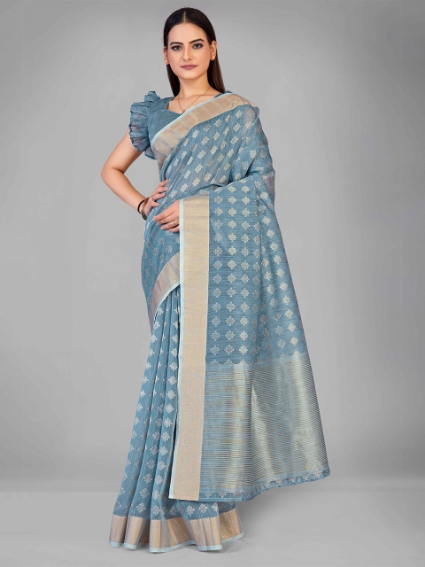 

MANOHARI Blue & Gold-Toned Woven Design Silk Blend Saree