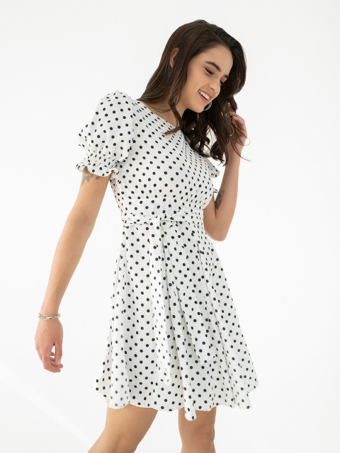 

CLOSETHOOK Women White & Black Polka Dot Printed Crepe Dress