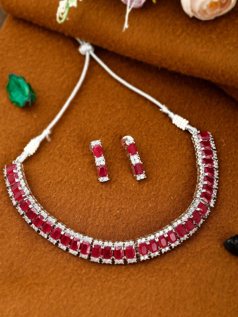 

Silvermerc Designs Women Silver-Toned & Red Stone Studded Jewellery Set
