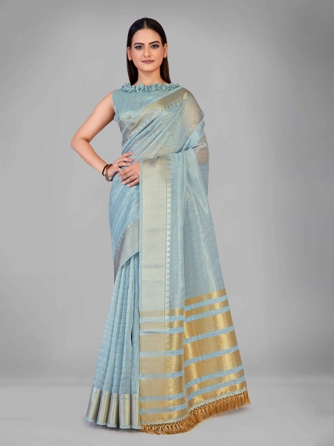 

MANOHARI Blue & Gold-Toned Checked Zari Silk Blend Saree