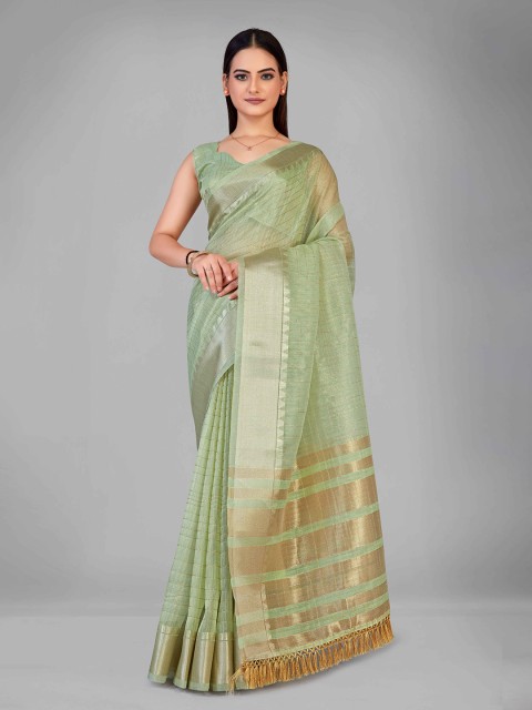 

MANOHARI Green & Gold-Toned Checked Zari Silk Blend Saree