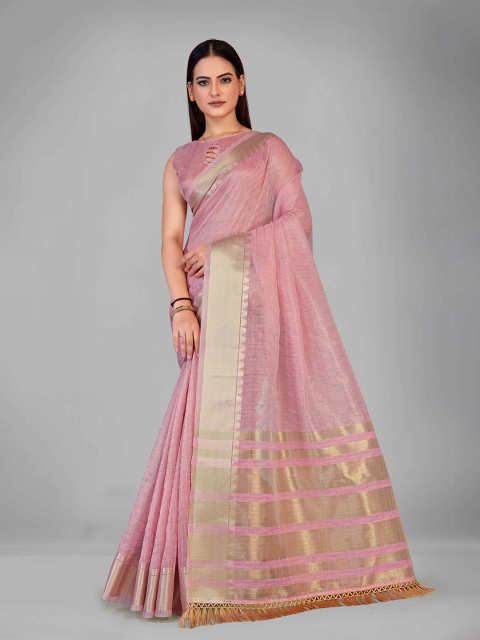 

MANOHARI Pink & Gold-Toned Checked Zari Silk Blend Saree