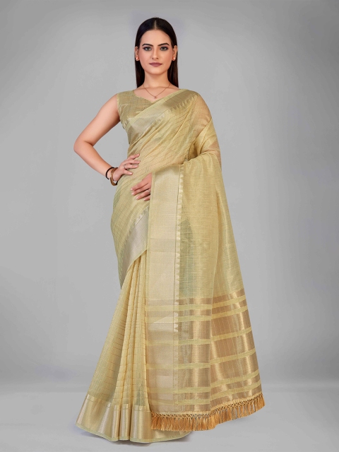 

MANOHARI Beige & Gold-Toned Checked Zari Silk Blend Saree