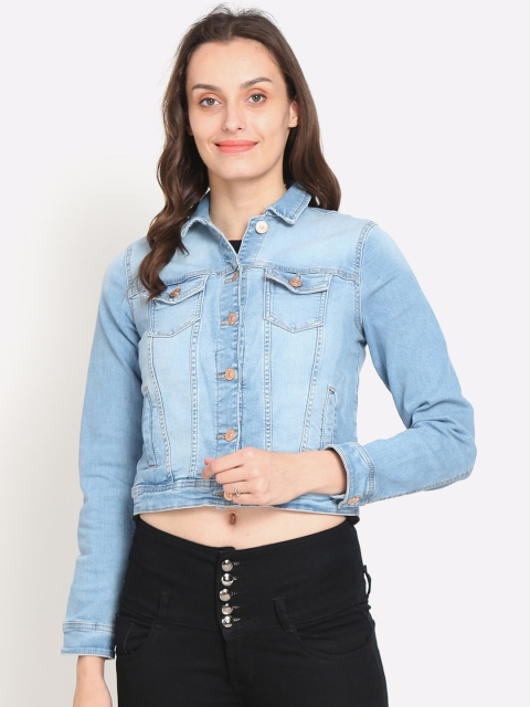 

NoBarr Women Blue Washed Colourblocked Crop Denim Jacket