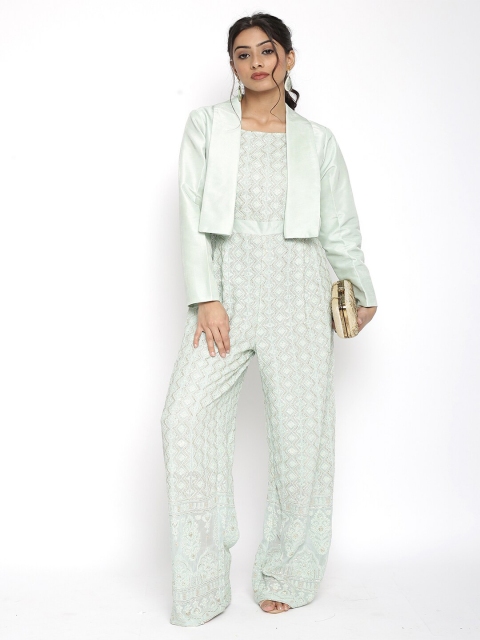 

HANDME Green Printed Basic Chikankari Jumpsuit with Jacket