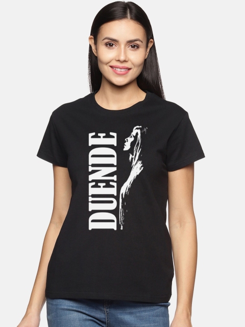 

BEVERLY BLUES Women Black Printed Raw Edge T-shirt