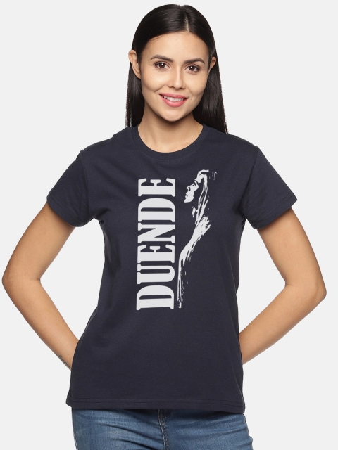 

BEVERLY BLUES Women Navy Blue Typography Printed Raw Edge T-shirt