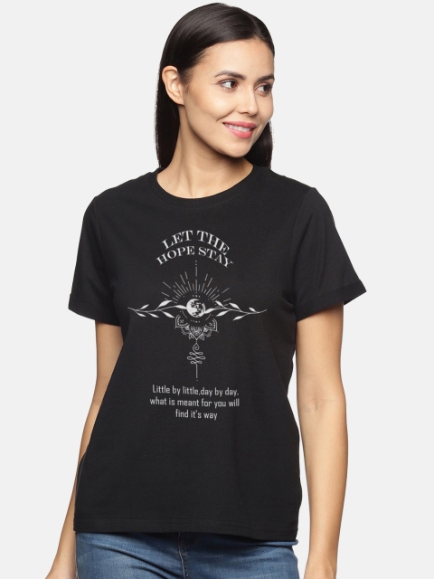 

BEVERLY BLUES Women Black Printed Drop-Shoulder Sleeves T-shirt