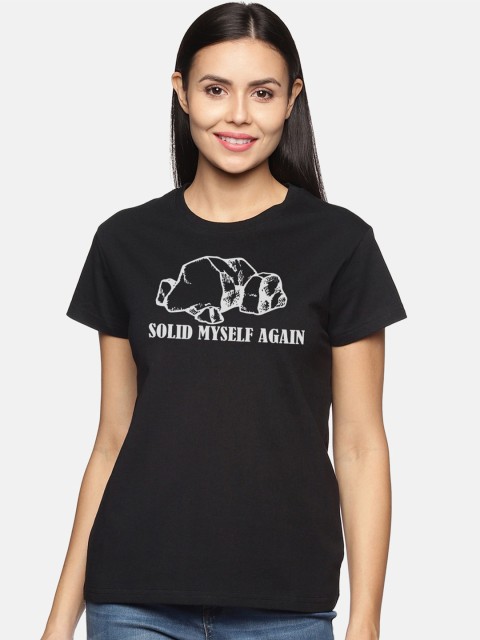 

BEVERLY BLUES Women Black Typography Printed Raw Edge T-shirt