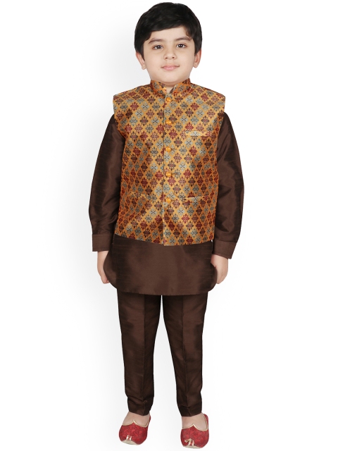 

SG YUVRAJ Boys Yellow Layered Raw Silk Kurti with Pyjamas