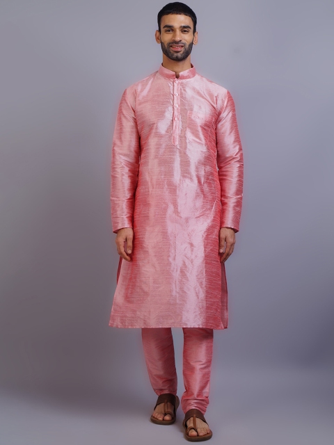 

GRACIT Men Pink Pleated Dupion Silk Kurta with Pyjamas
