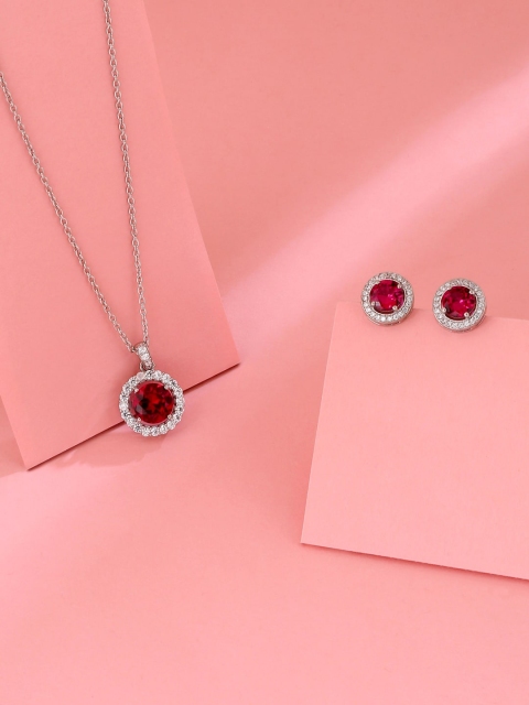 

Hiara Jewels Women Round Red CZ Studded American Diamond Rhodium Set, Silver